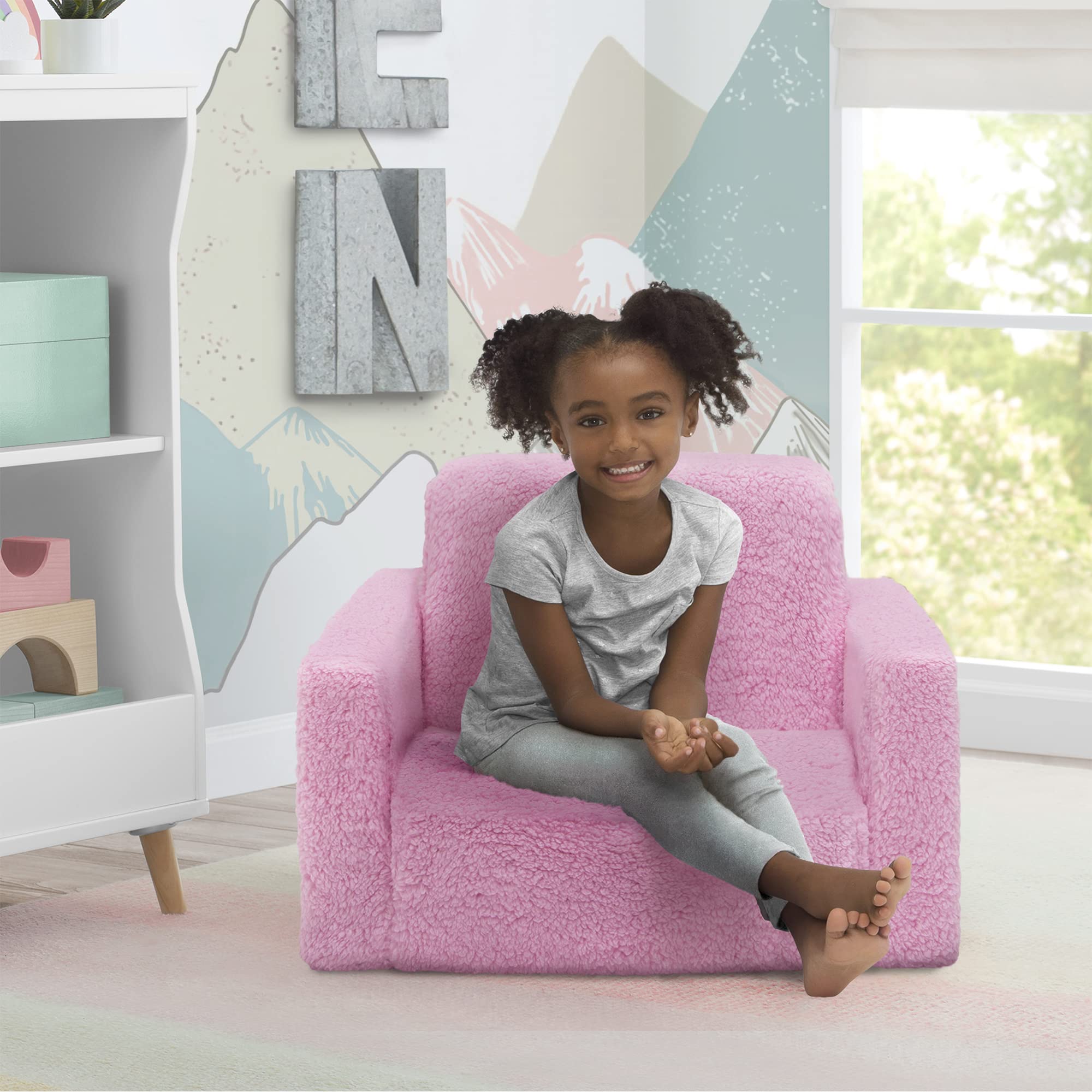 Delta Children Cozee Flip-Out Sherpa 2-In-1 Convertible Chair To Lounger For Kids, Pink